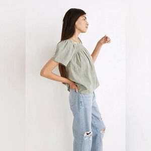Madewell Frosted Green Square-Neck Smocked Embroidered Top Dotted Vine